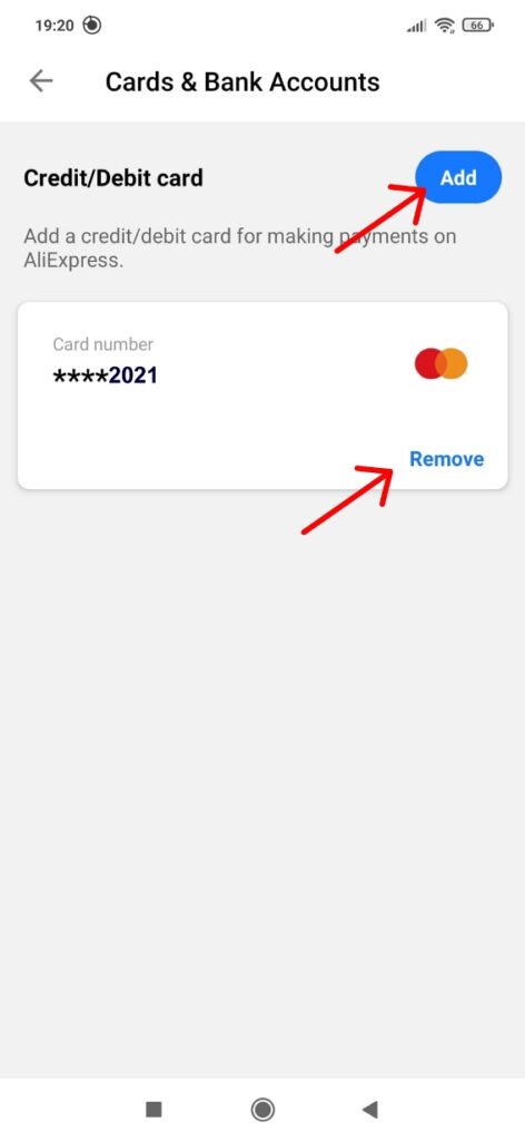 Jak pridat a odstranit kreditni kartu Aliexpress mobilni aplikace 3